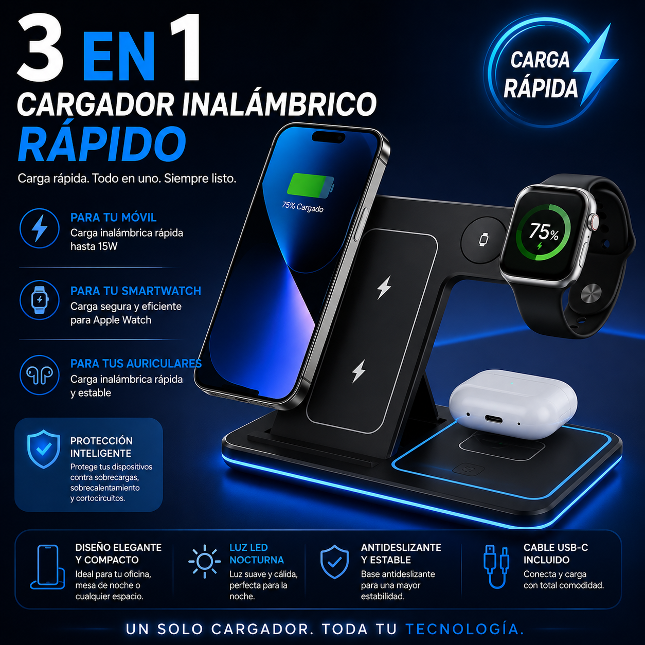Soporte de carga inalámbrica LED 3 en 1 de 15w